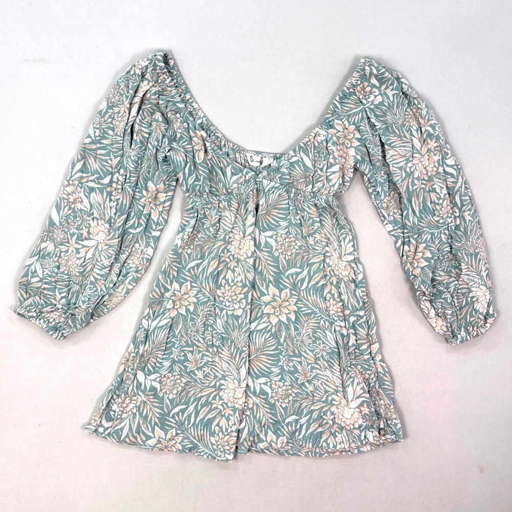 Roxy Sage Green Floral Tropical Balloon Sleeve Mini Dress XS